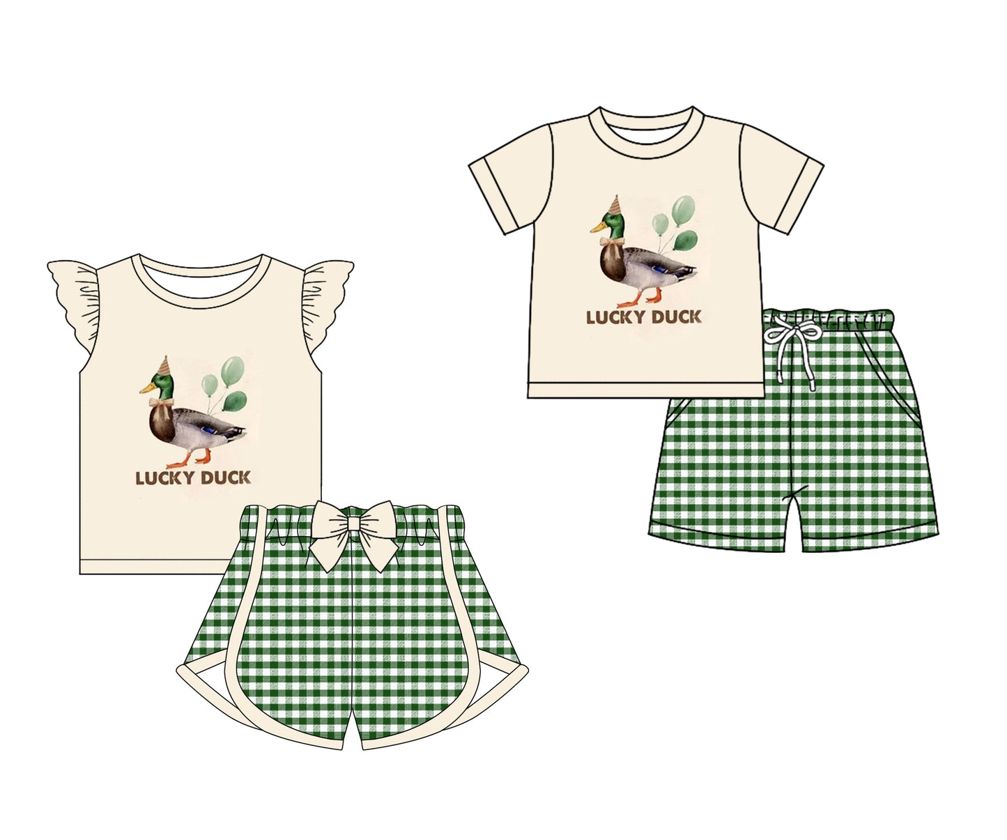 Baby Boy Girl Short Sleeves Ducks Birthday Shirt Plaid Shorts Sibling Set ( Moq 5 Each Design ) 12.13