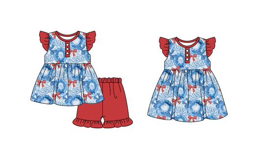 Baby Girl July 4th Bows Tie Dye Sibling Dress Clothes Set ( Moq 5 Each Design )11.23