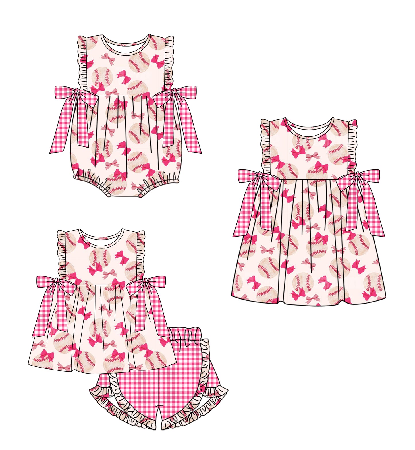 Baby Girl Short Sleeves Baseball Bows Sibling Romper Dress Clothes Set ( Moq 5 Each Design )12.3