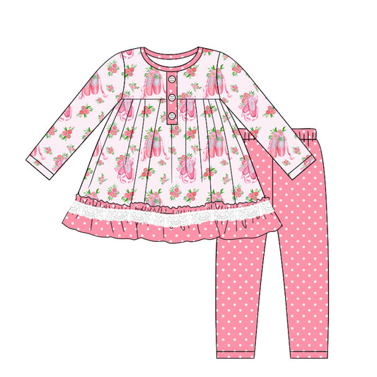 Baby Girl Long Sleeves Flower Shoes Tops Dots Pink Pants Set