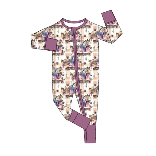 Baby Girl Infant Long Sleeves Horse Flower Zipper Purple Romper Moq 5