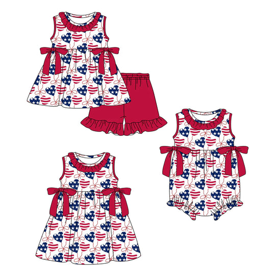 ( Moq 5 Each Style ) Baby Girls Kids Stripes Stars Hearts Sibling 4th of July Romper Dress Set