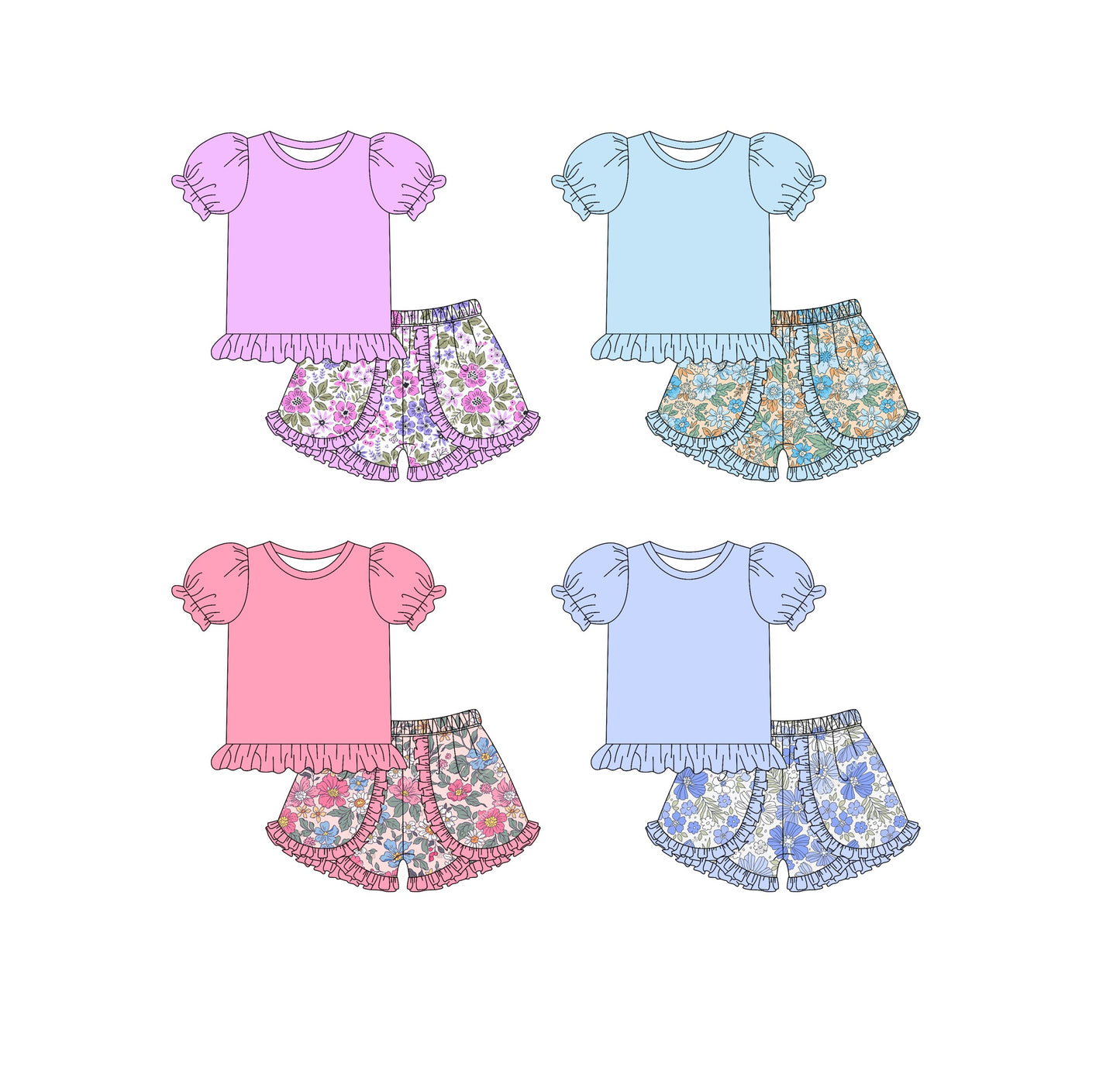 ( Moq 5 Each Style ) Baby Girl Short Sleeves Cotton Tops Floral Shorts Sibling Set 3.25