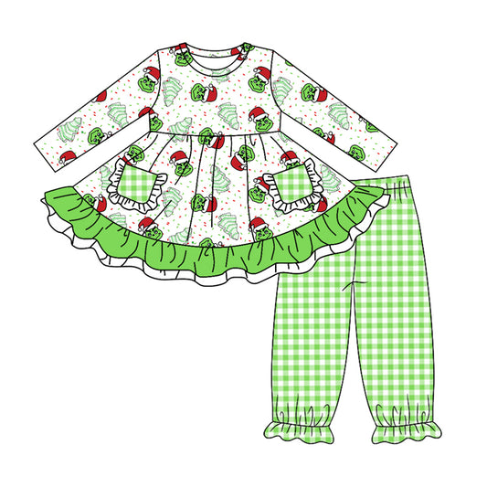 Baby Girl Long Sleeves Face Cakes Pocket Tops Green Plaid Pants Christmas Set