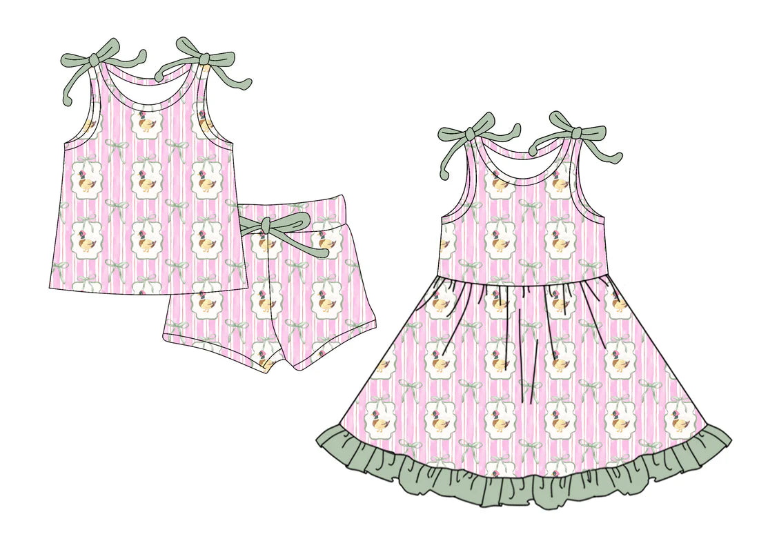 ( Moq 5 Each Style ) Baby Girls Kids Sleeveless Ducks Bows Sibling Pink Dress Set