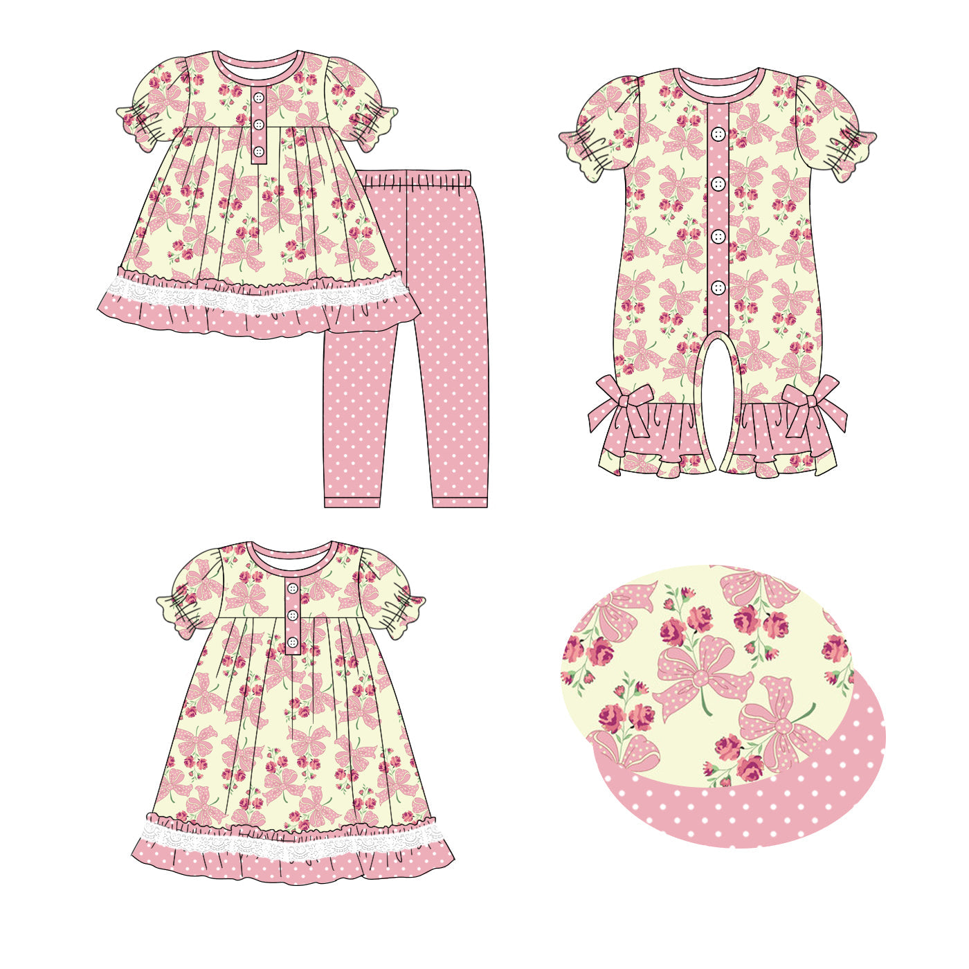 ( Moq 5 Each Style ) Baby Girl Short Sleeves Bows Flower Sibling Romper Dress Set 4.25