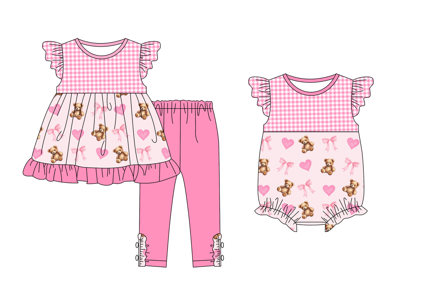 Baby Girl Valentines Bear Bows Hearts Plaid Sibling Matching Romper Set ( Moq 5 Each Design )