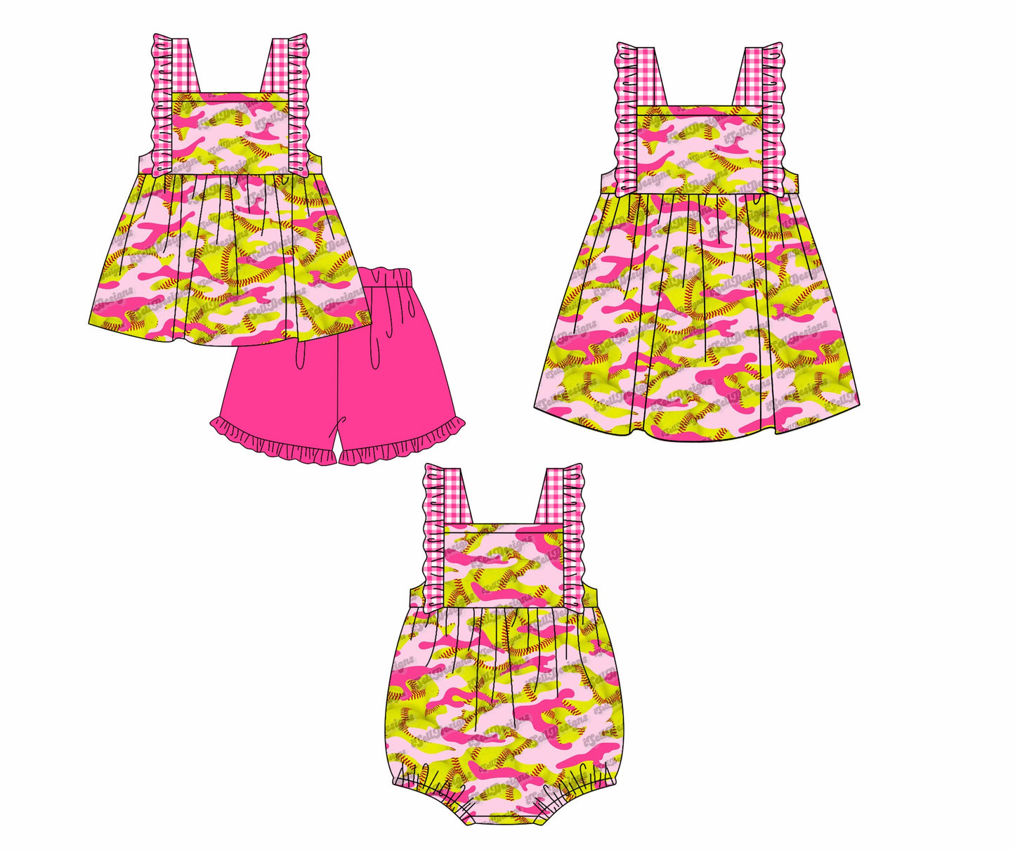 Baby Girl Softball Camo Sibling Romper Dress Set ( Moq 5 Each Design ) 12.12