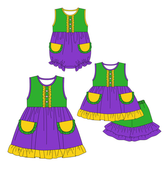 Baby Girl Sleeveless Mardi Gras Pockets Sibling Romper Dress Set ( Moq 5 Each Design ) 12.14