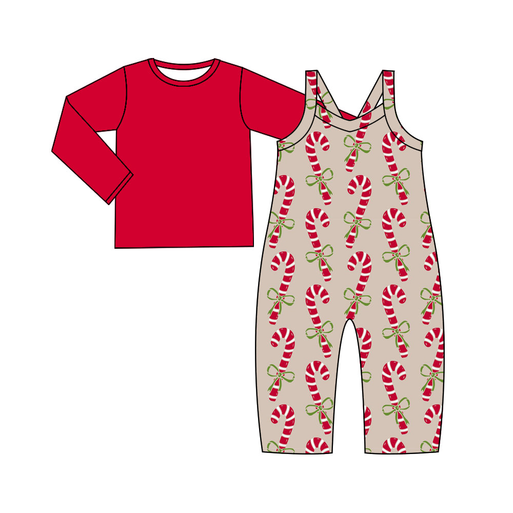 Baby Girl Toddler Long Sleeves Red Shirt Candy cane Christmas Jumpsuit Set