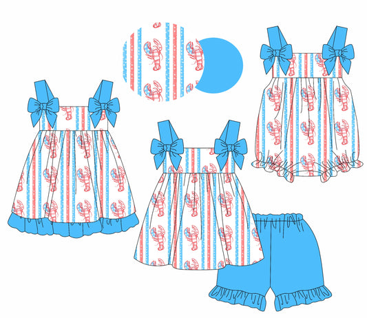 Baby Girl 4th Of July Crawfish Sibling Romper Dress Set ( Moq 5 Each Style ) 3.15