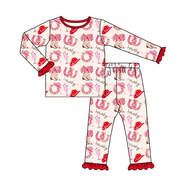 Baby Girl Long Sleeves Howdy Boots Flower Shirt Pants Pajamas Set