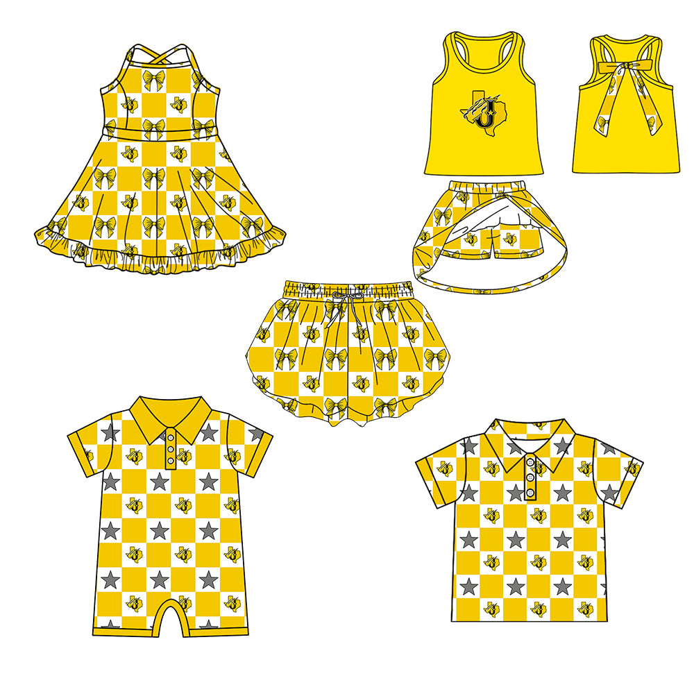 ( Moq 5 Each Style ) Baby Boys Girls Toddler Bows Team Sibling Shorts Dress Shirt Set Summer Yellow Clothes