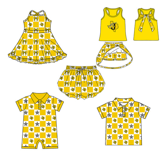 ( Moq 5 Each Style ) Baby Boys Girls Toddler Bows Team Sibling Shorts Dress Shirt Set Summer Yellow Clothes