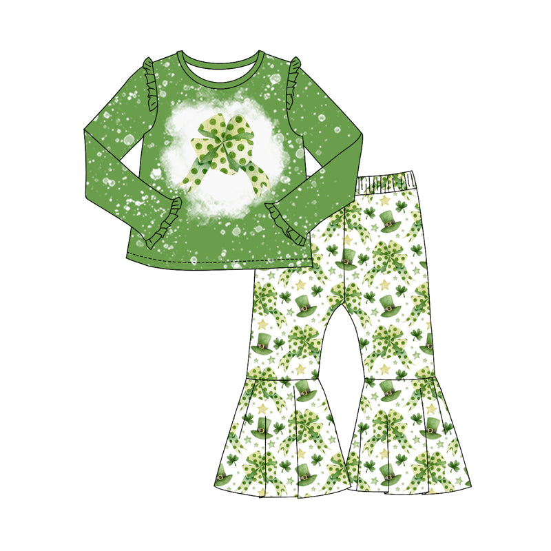 Baby Girl Long Sleeves Bow Green Tops Bell Pants St. Patrick Set Moq 5