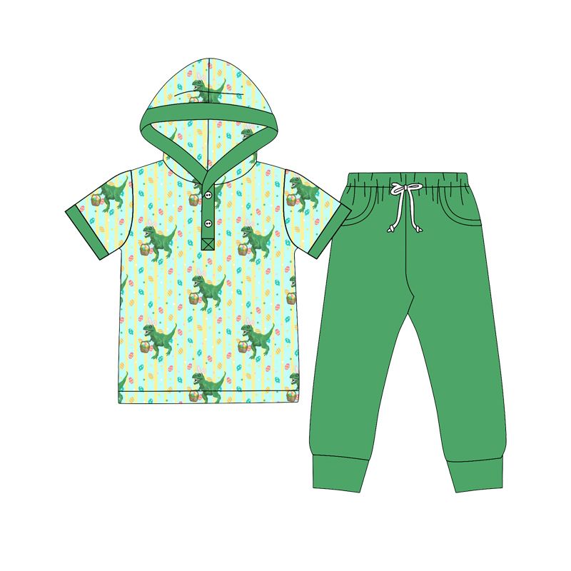 ( Moq 5 ) Preorder Baby Boys Kids Dinosaurs Eggs Hoodie Shirt Green Pocket Pants Easter Set Clothes
