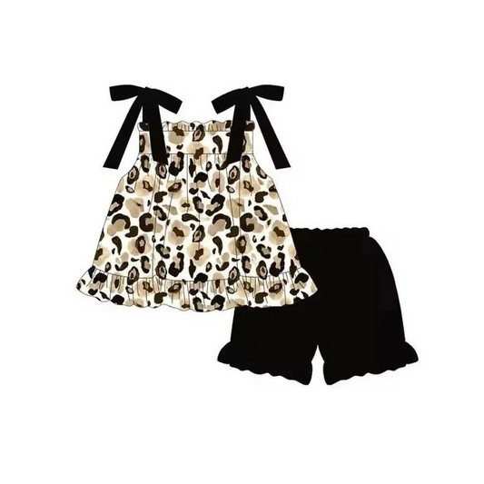 Moq 3 Pre-order GSSO0738 Baby Girl Sleeveless Leopard Tunic Black Shorts Summer Set