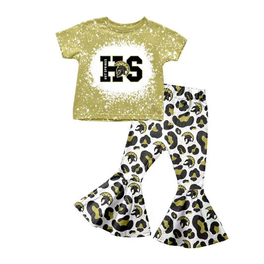 Baby Girl Short Sleeves Team Shirt Leopard Bell Pants Clothes Set