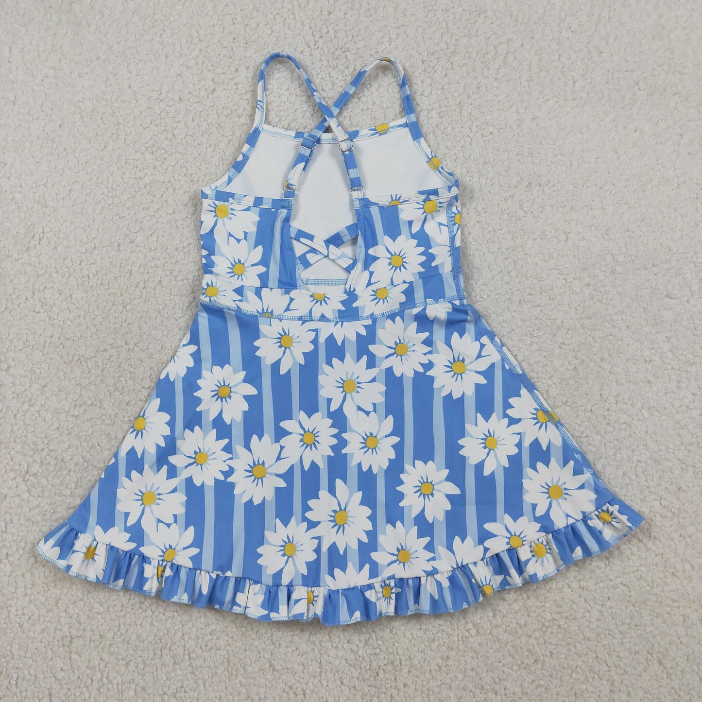 Baby Girls Kids Sleeveless Flower Blue Stripes Yoga Knee Length Yoga Dress RTS