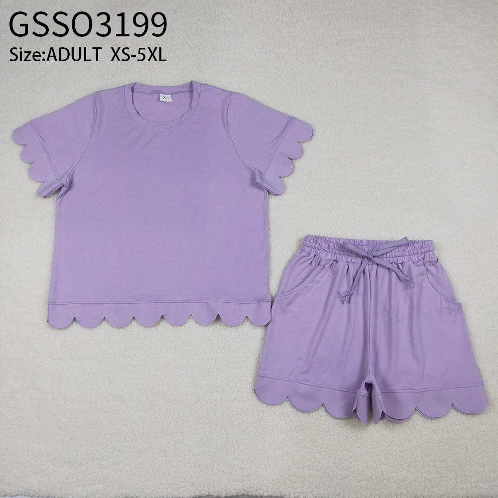 Adult Women Purple Short Sleeves Scallop Shirt Shorts Pajamas Clothes Set RTS