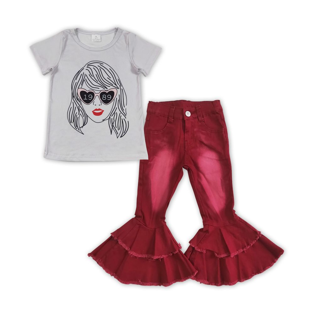 GSPO1459 Baby Girl Short Sleeves Singer Shirt Red Denim Bell Pants Set