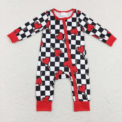 LR0856 Valentine's Day Baby Boy Girl Long Sleeves Hearts Checkered Zipper One Piece Romper