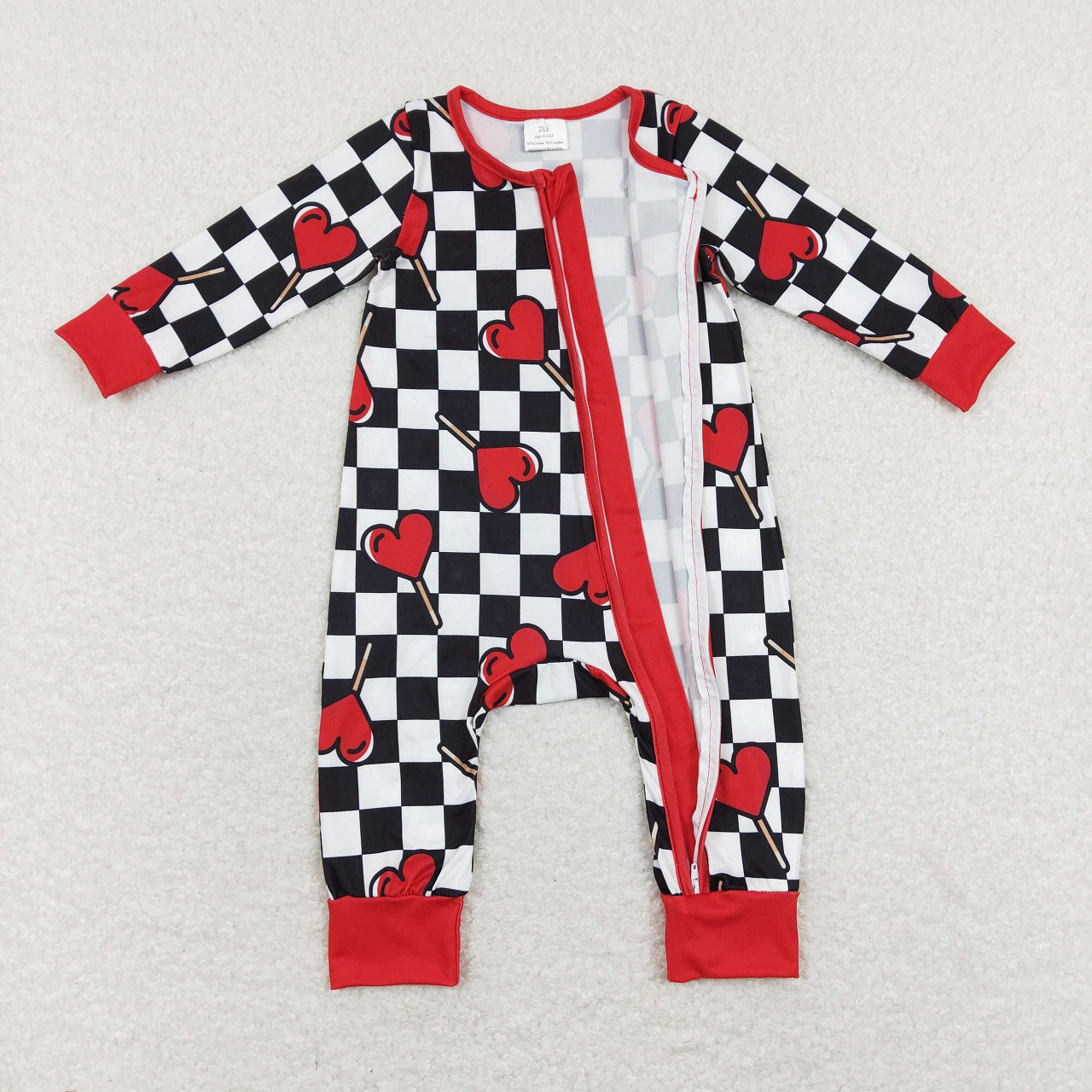 LR0856 Valentine's Day Baby Boy Girl Long Sleeves Hearts Checkered Zipper One Piece Romper