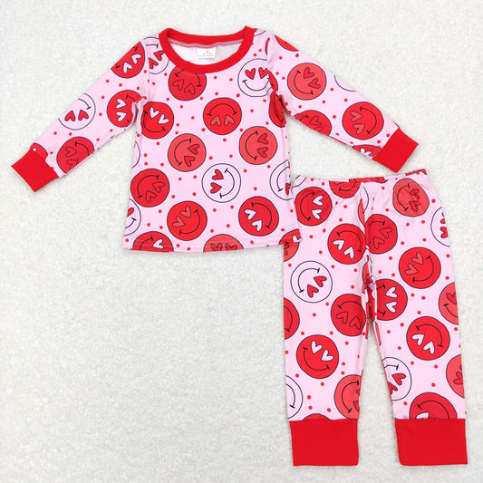 GLP1135 Baby Girl Long Sleeves Face Hearts Shirt Valentine's Pants Set Pajamas