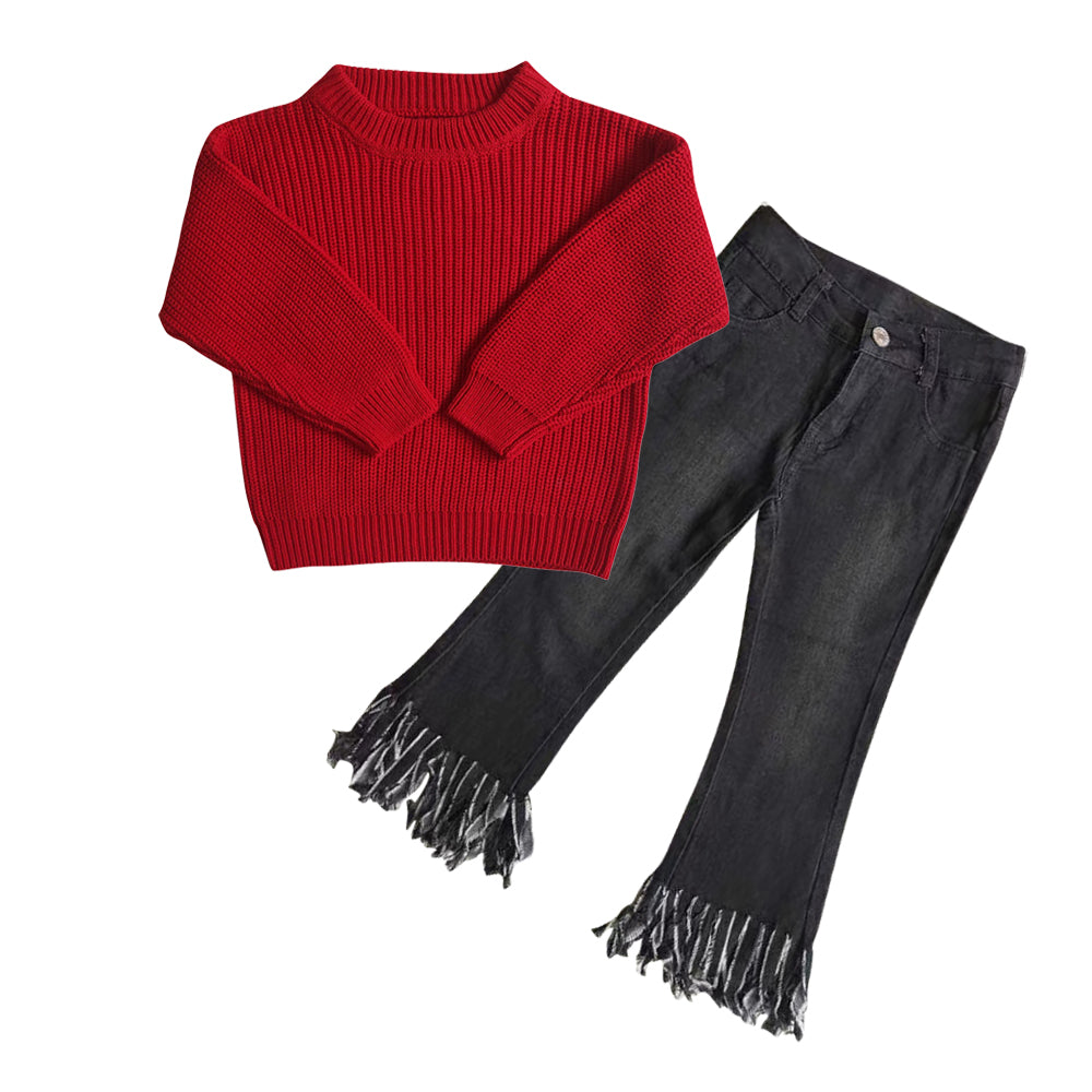 Baby Girl Long Sleeves Red Sweater Tassels Denim Pants Outfit