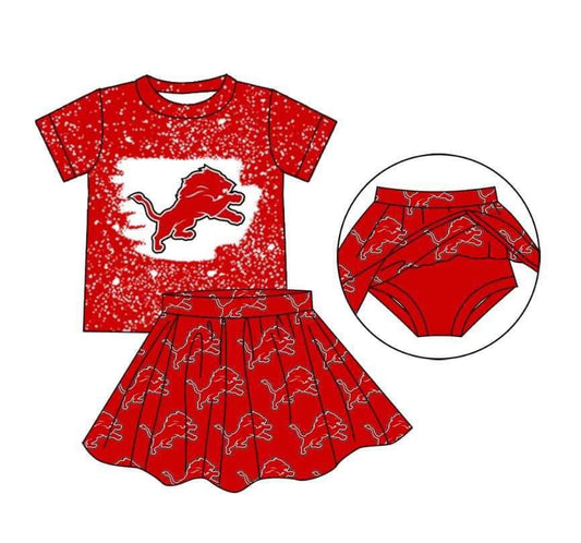 Baby Girl Red Short Sleeves Lion Shirt Team Skirt With Shorts Clothes Set