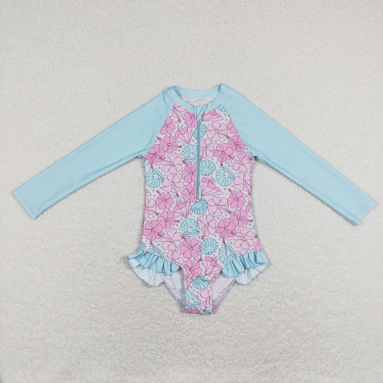 S0182 Baby Girl Floral Long Sleeves One Piece Summer Swimsuit