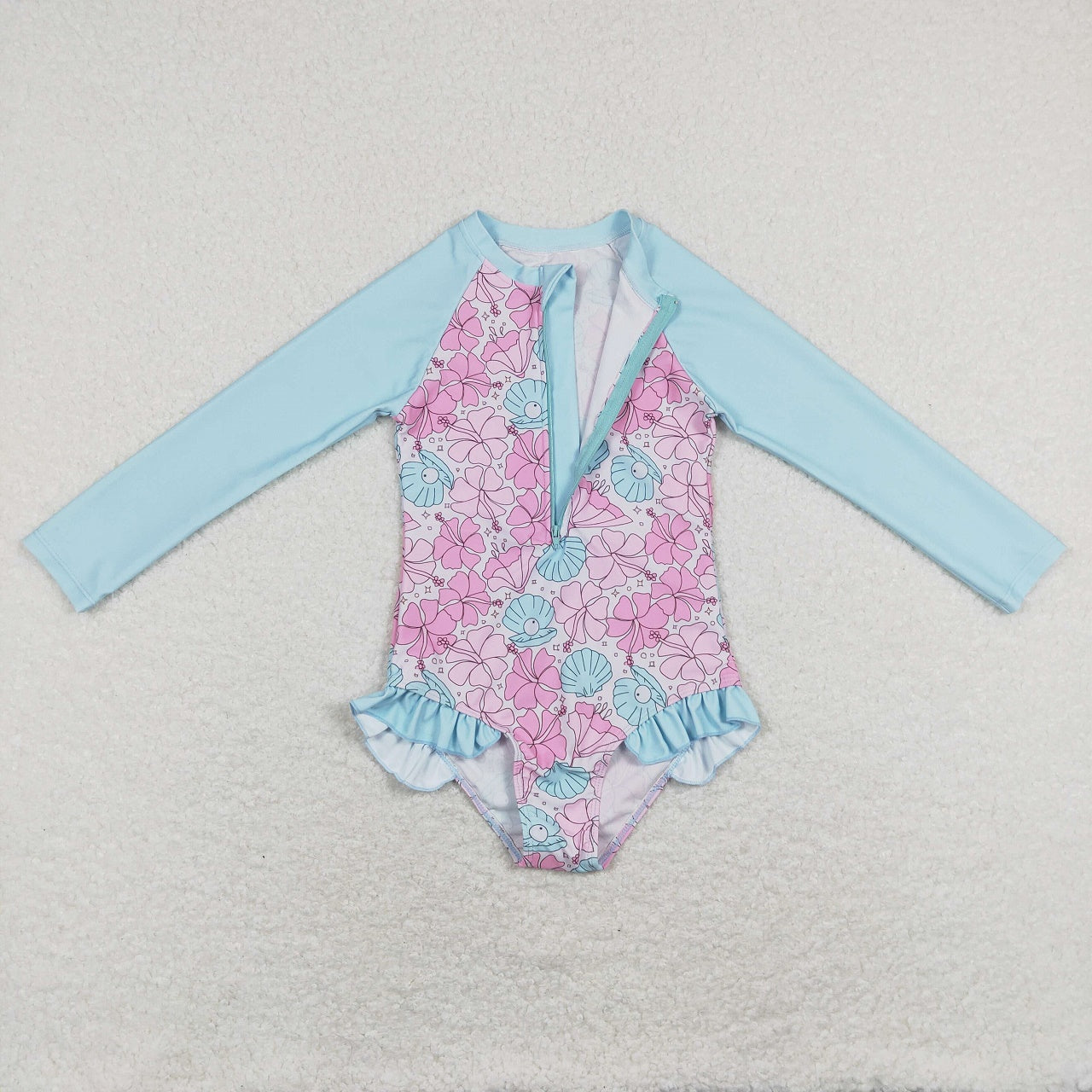 S0182 Baby Girl Floral Long Sleeves One Piece Summer Swimsuit