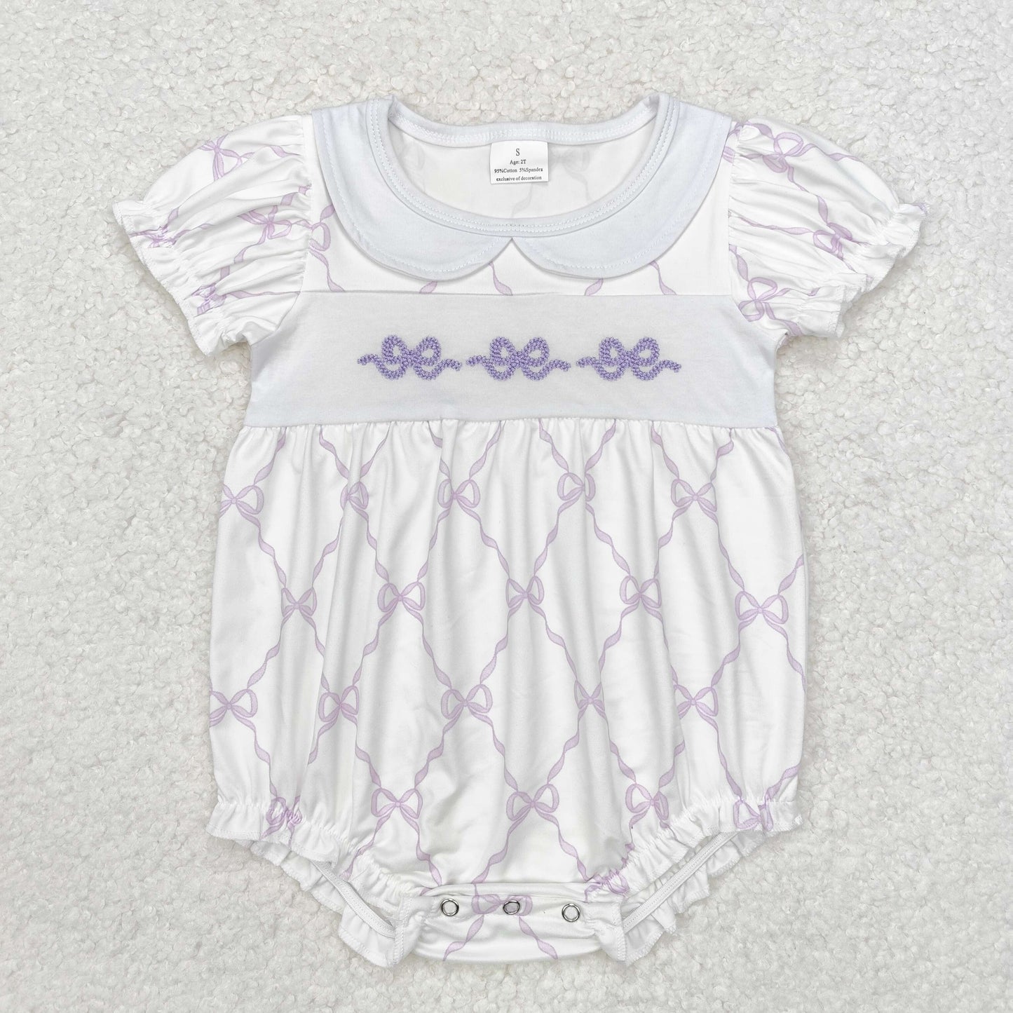 Baby Girl Short Sleeves Embroidery Bows Purple Romper