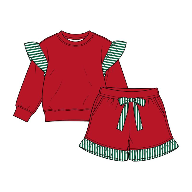( Moq 5 ) Preorder Baby Girls Kids Long Sleeves Tops Pockets Shorts Cotton Set Red Clothes