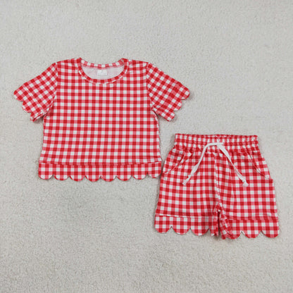 Sibling Baby Girls Kids Short Sleeves Plaid Shirts Scallop Shorts Sets Summer Clothes RTS
