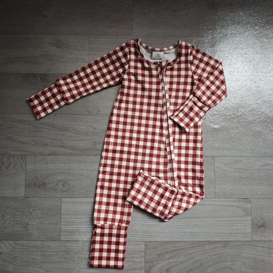 ( No moq ) Preorder Baby Boys Kids Long Sleeves Brown Plaid Zipper Footie Sleeper Romper Clothes