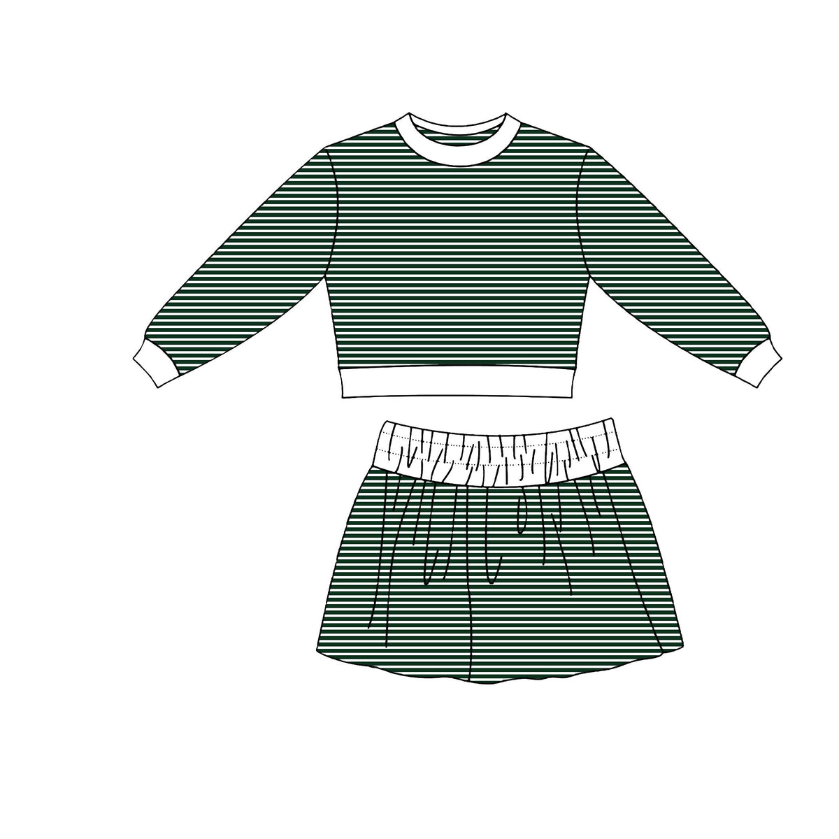 ( Moq 5 ) Preorder Baby Girls Kids Long Sleeves Green Stripes Shirt Skirt Shorts Set Yoga Active Clothes