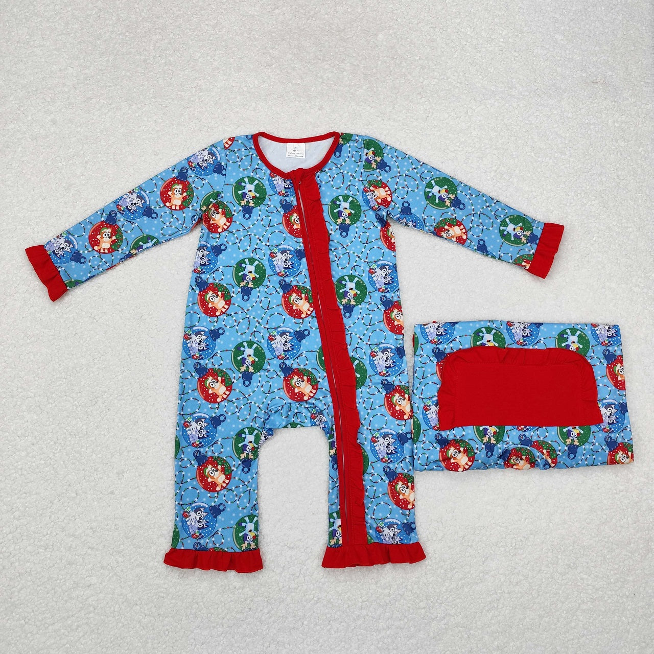 Boys Girls Long Sleeves Dogs Sibling Christmas Zipper Romper Pajamas Set Blue Clothes RTS