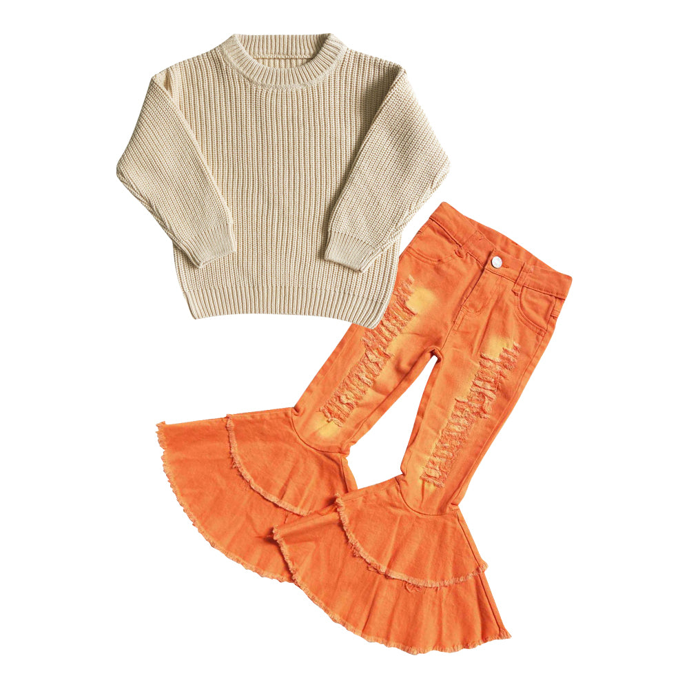 Baby Girl Long Sleeves Sweater Orange Denim Bell Pants Outfit