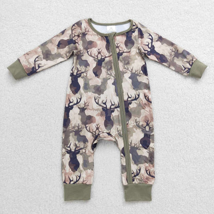 LR0661 Baby Girl Long Sleeves Reindeer Camo One Piece Romper