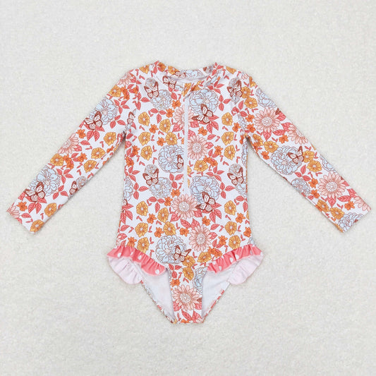 S0184 Baby Girl Floral Long Sleeves One Piece Summer Swimsuit