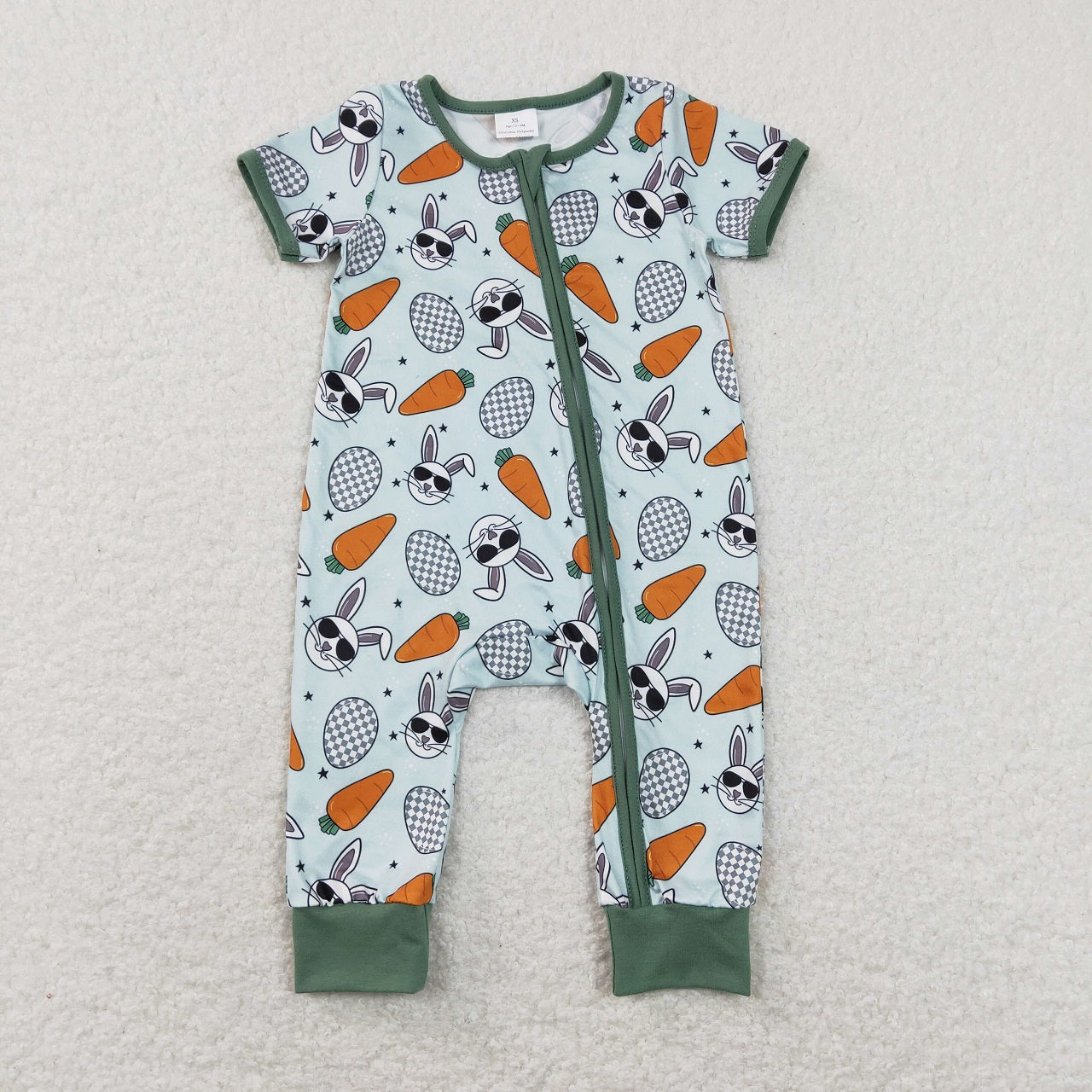 SR1014 Easter Baby Boy Short Sleeves Rabbits Carrots Eggs Zipper One Piece Romper