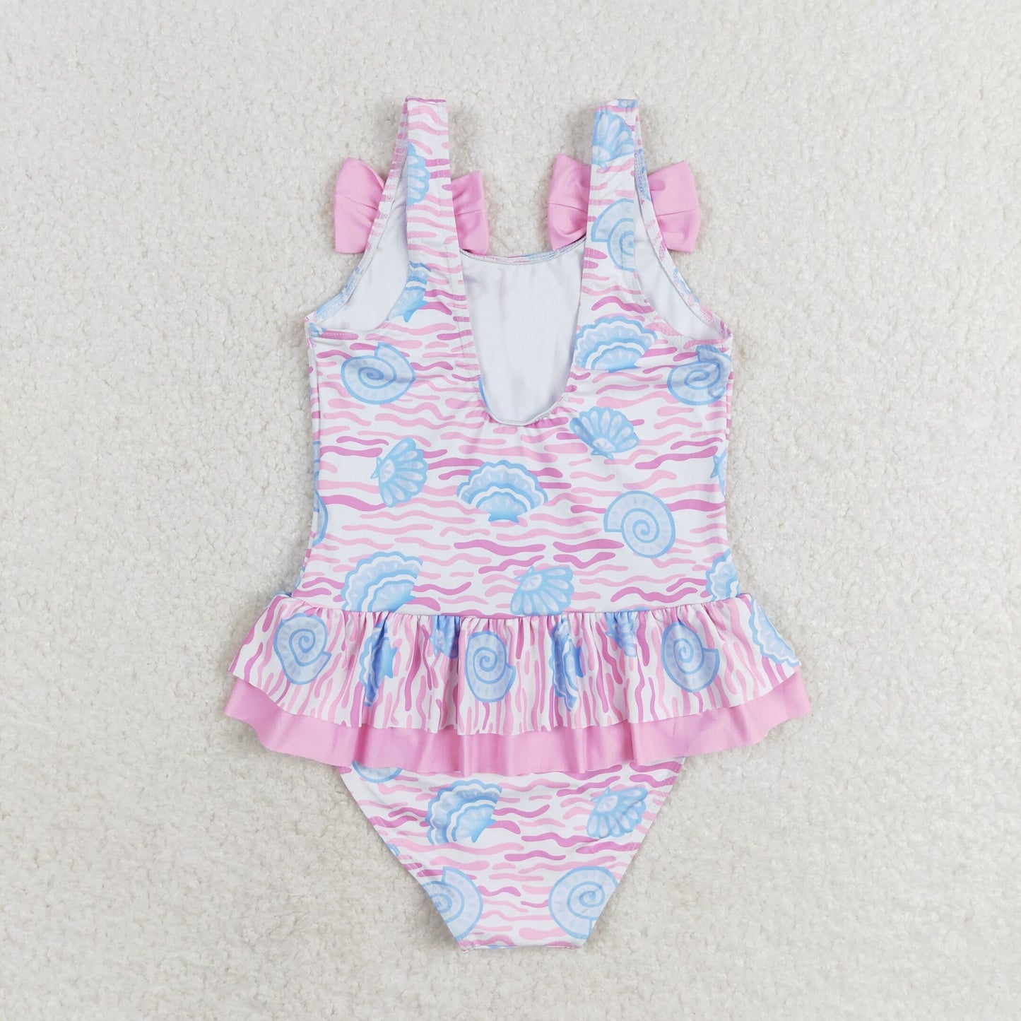 Baby Girl Pink Sea Shell Ruffle One Piece Bows Swimsuit