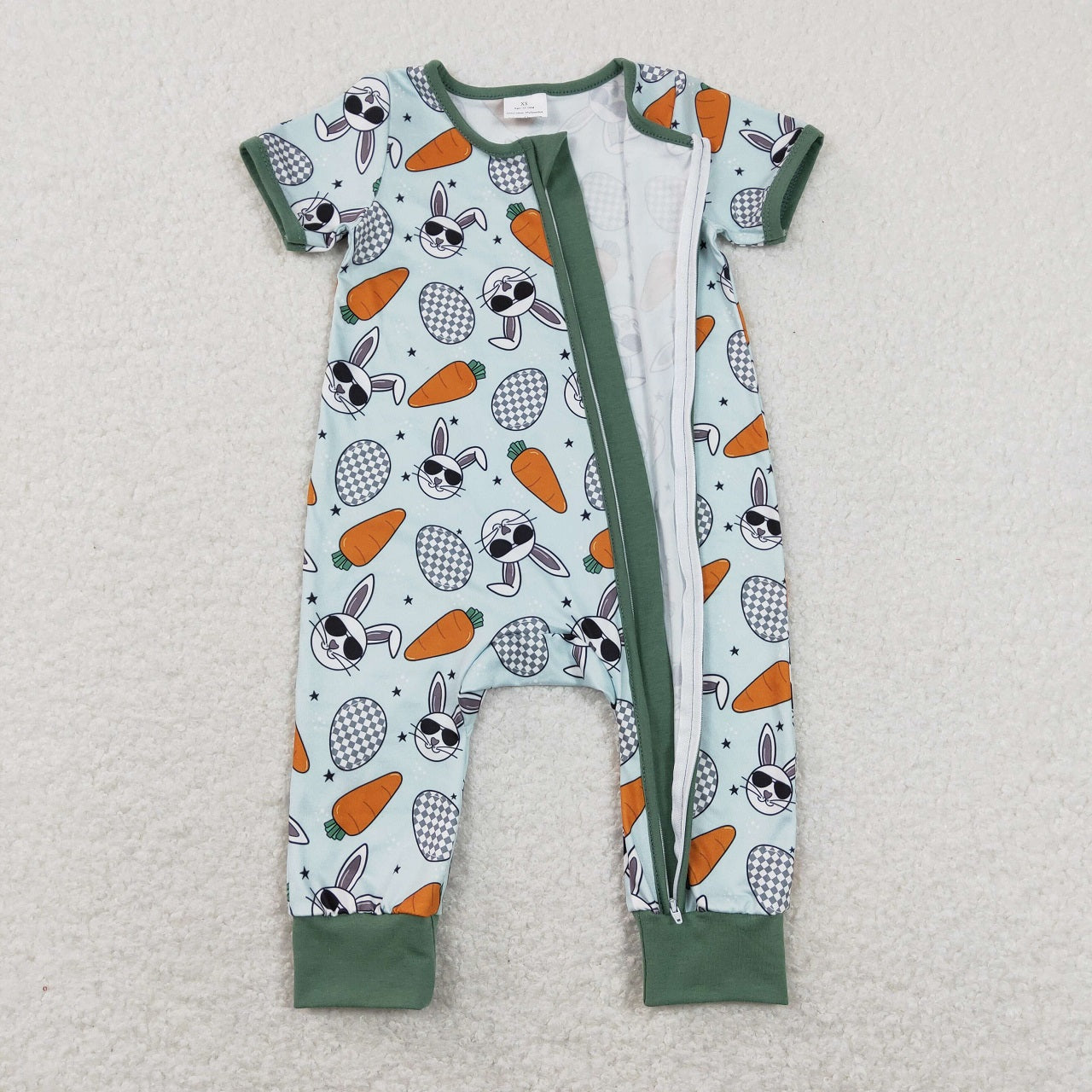 SR1014 Easter Baby Boy Short Sleeves Rabbits Carrots Eggs Zipper One Piece Romper