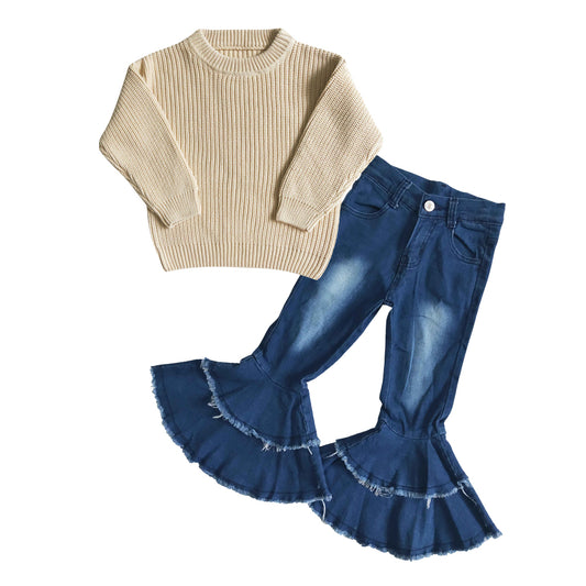 Baby Girl Long Sleeves Sweater Blue Denim Bell Pants Outfit