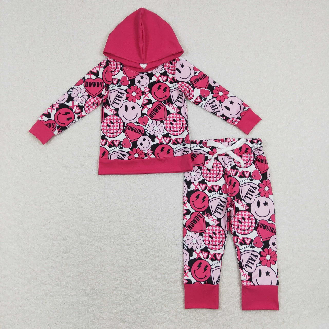 GLP1126 Baby Girl Long Sleeves Hoodie Face Floral Hearts Shirt Valentine's Hearts Pants Set