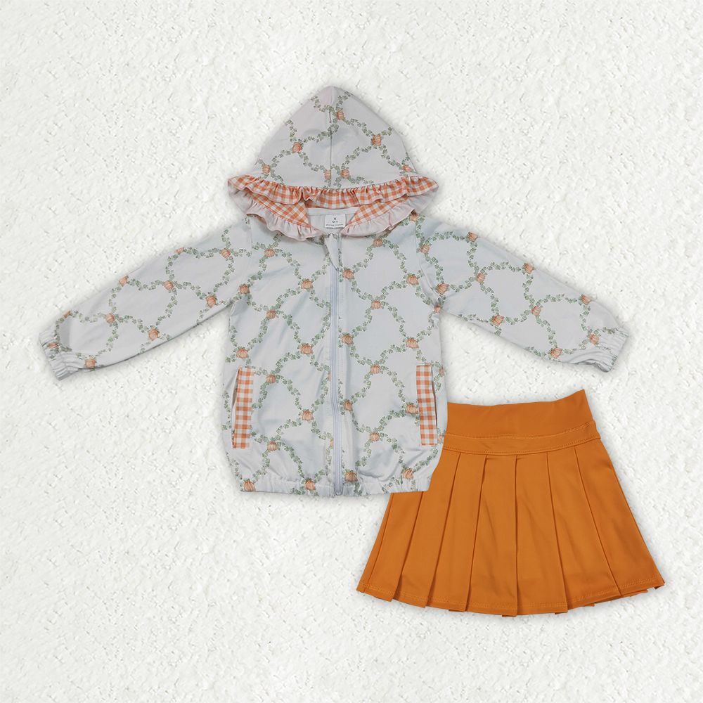 Baby Girls Kids Long Sleeves Pumpkins Hoodie Zipper Tops Orange Skirt Shorts Fall Set Clothes RTS
