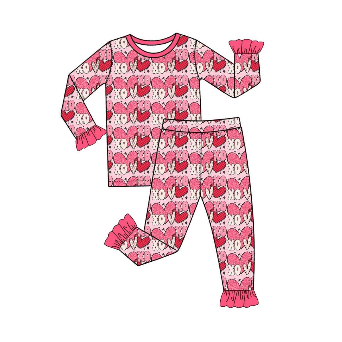 ( Moq 5 ) Preorder Baby Girls Kids Long Sleeves Hearts Shirt Pants Set Pajamas Valentine Clothes