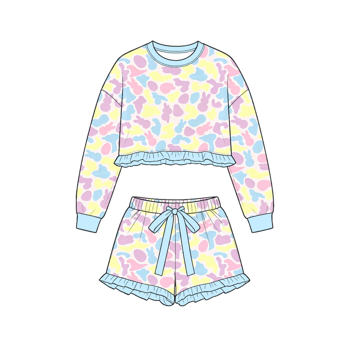 ( Moq 5 ) Preorder Baby Girls Kids Long Sleeves Rabbits Eggs Easter Shirt Shorts Set Camo Clothes