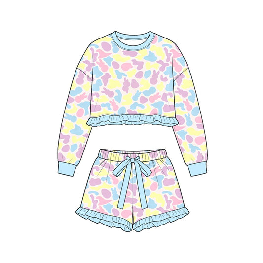 ( Moq 5 ) Preorder Baby Girls Kids Long Sleeves Rabbits Eggs Easter Shirt Shorts Set Camo Clothes